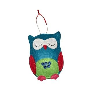 Novica Owl Hanging Ornament Teal Red Green Sequins Ribbon Loop Christmas